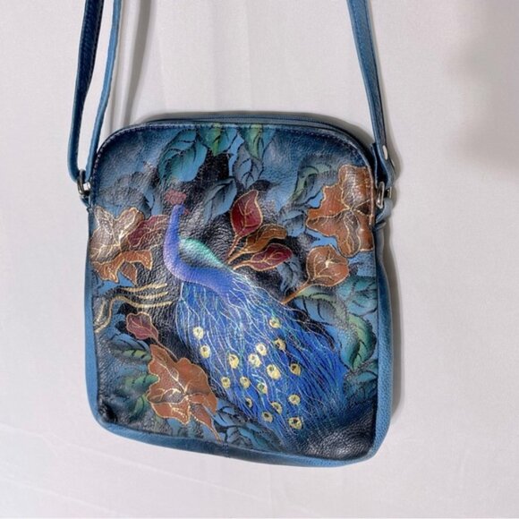 Vintage 90’s Biacci Hand Painted Peacock On Leather Crossbody Shoulder Bag Purse - Picture 3 of 16